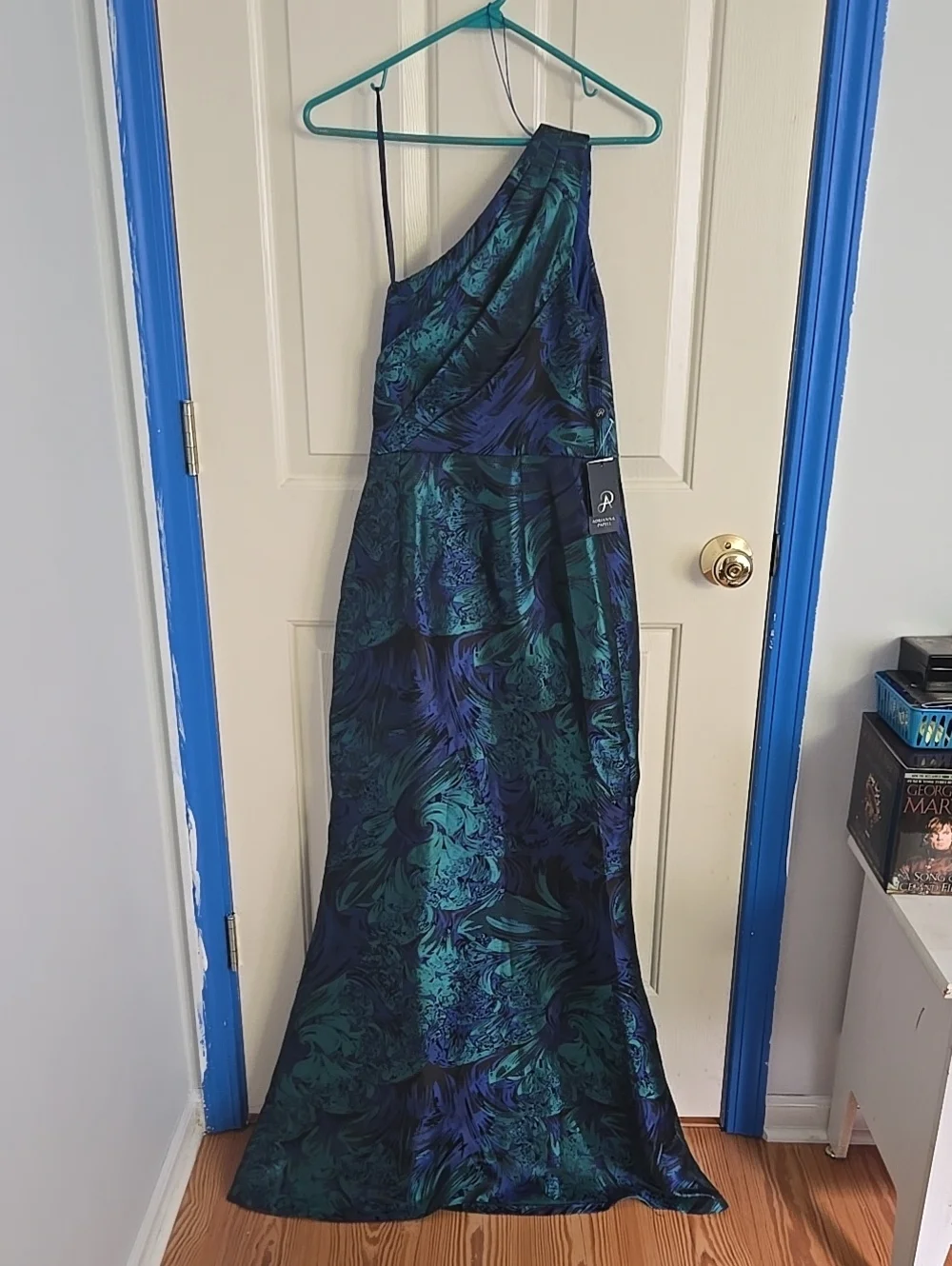 Adrianna Papell Teal and Navy Swirl One-Shoulder Dress Size 0